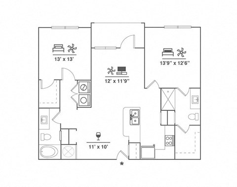 Floor plan for 2 beds, 2 baths, 1112 sqft